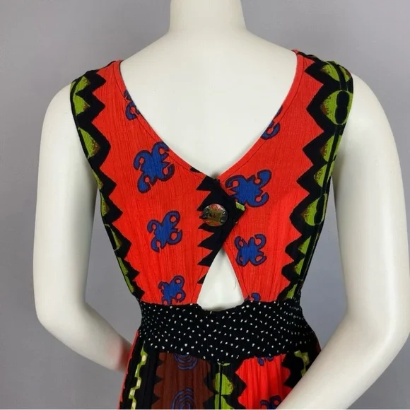 90’s Crinkle Crepe Maxi Dress – Boho Tribal Print Open Back - Picture 7 of 11